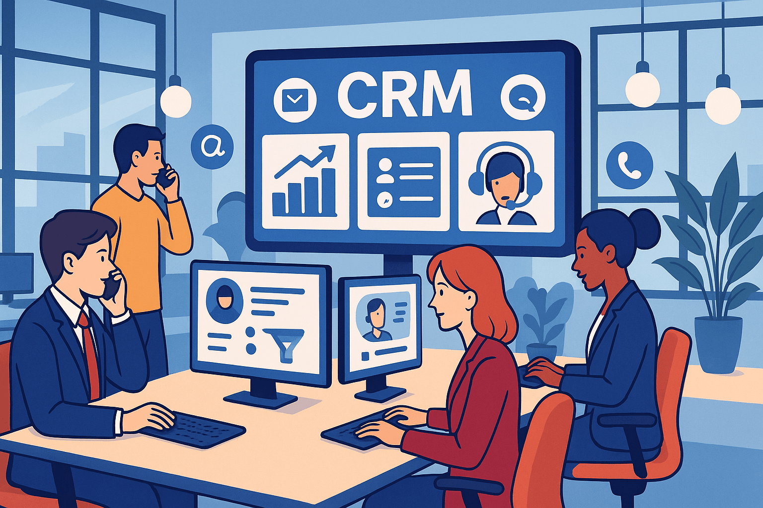 CRM Rappresentazione visiva dei vantaggi del software CRM, evidenziando un maggiore coinvolgimento dei clienti e un'efficienza nella gestione dei dati.