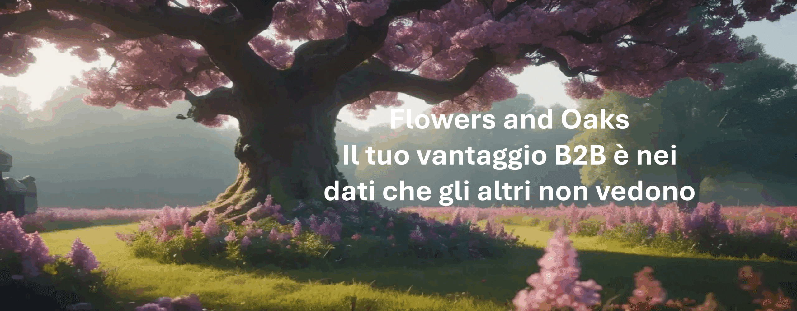Un fiore vibrante di fronte a una robusta quercia, sullo sfondo di un cielo azzurro e limpido in una splendida giornata.