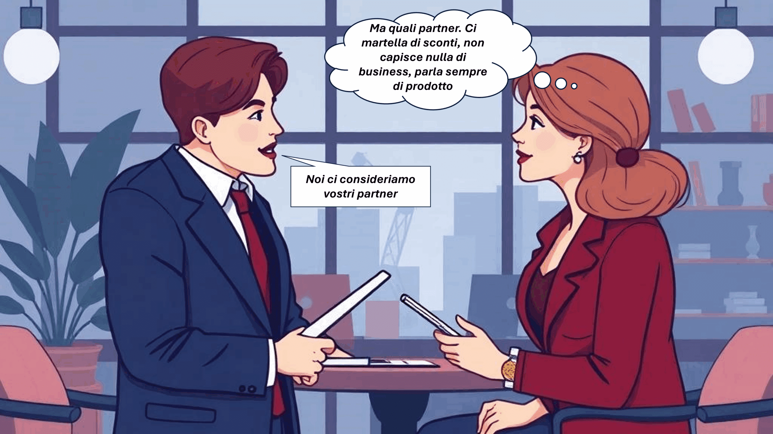 Vignetta Vignetta di un uomo e una donna impegnati in una conversazione in un moderno ambiente d'ufficio.