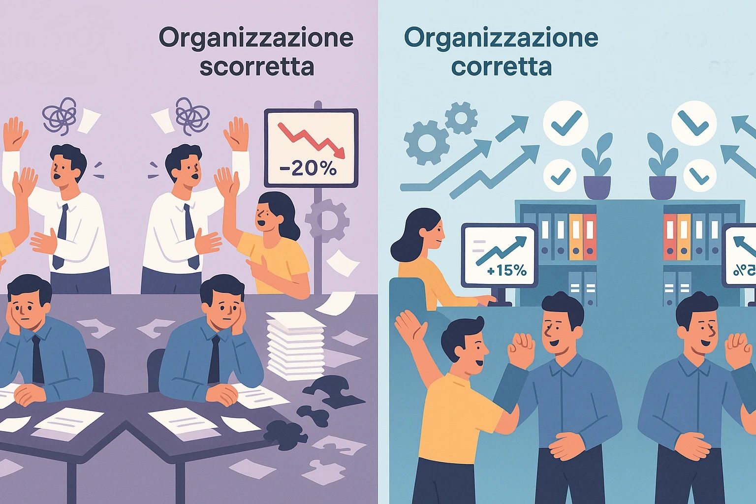 Organizzazione Immagine che mostra la differenza tra un business organizzato e uno disorganizzato